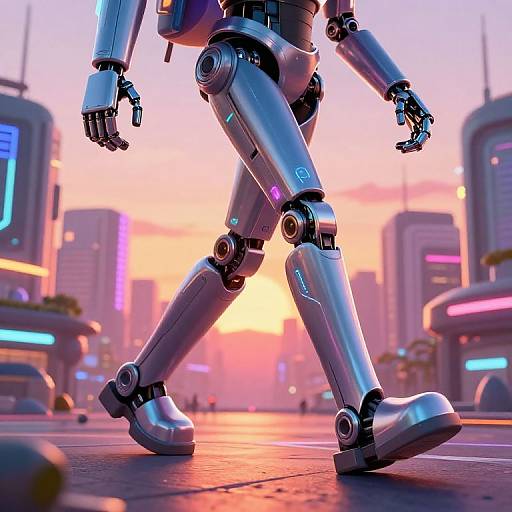CGI image of a sleek, metallic robot with glowing neon accents walking in a futuristic cityscape at sunset. Bright, colorful skyscrapers and neon