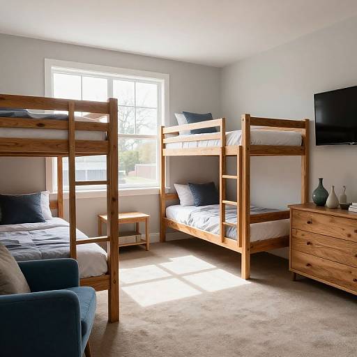 Photograph of a bright, minimalist bedroom with wooden bunk beds, a blue sofa, beige carpet, a dresser, and a wall-mounted TV. Sun