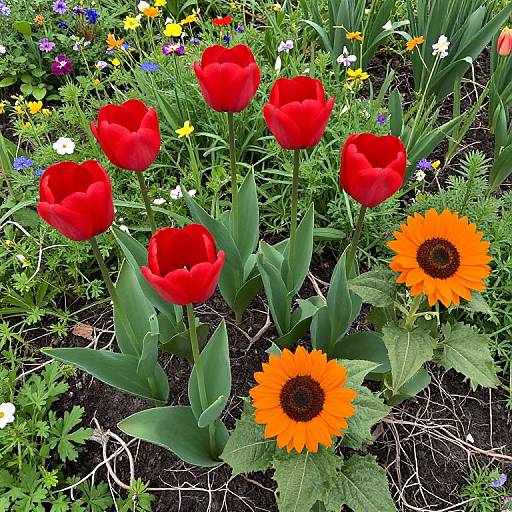 Vibrant Red Tulips and Orange Sunflowers