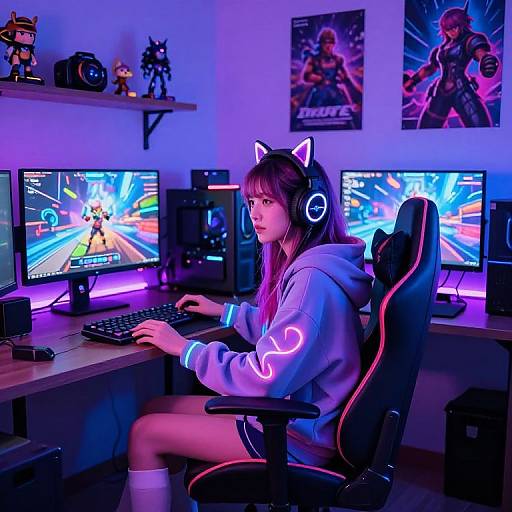 Photograph of a young woman with cat ears, neon hoodie, and headphones, gaming on a purple-lit PC setup with anime posters.