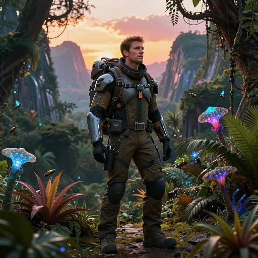 Photorealistic CGI of a muscular man in futuristic armor standing in a vibrant, bioluminescent jungle at sunset, surrounded by glowing mushrooms and exotic