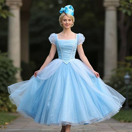 Photograph of a blonde woman in a blue, puffed, Victorian-style dress with white puffed sleeves, and a matching blue bow in her hair
