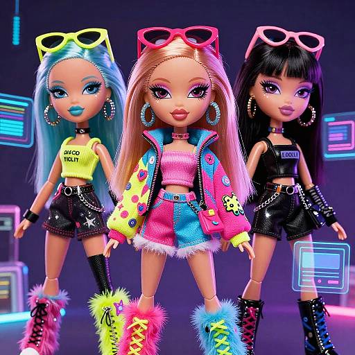 Photograph of three colorful Barbie dolls in neon outfits, each with unique accessories (sunglasses, earrings, boots), standing in a futuristic neon-l