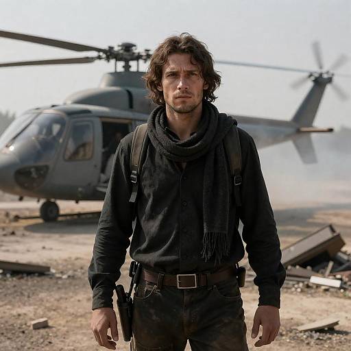 Rugged Warrior in War-Torn Landscape