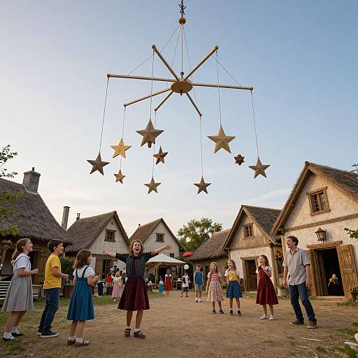 Children playing with a star-shaped mobile in a rustic village with thatched-roof houses under a clear blue sky. Photograph.