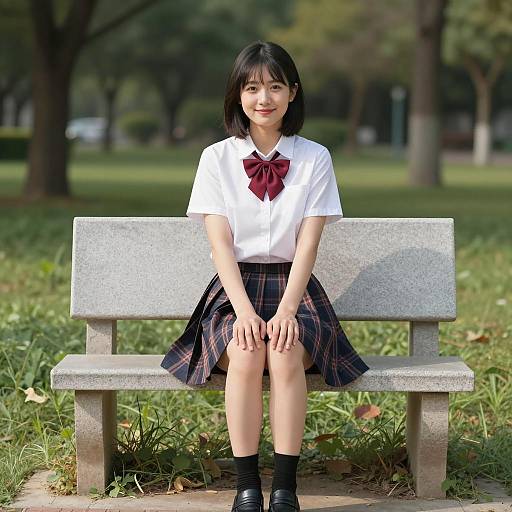 Asian Girl in School Uniform Sitting on Bench
