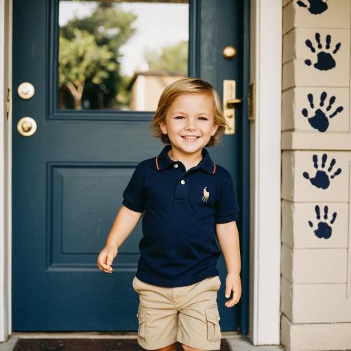 Smiling toddler boy at daycare entrance