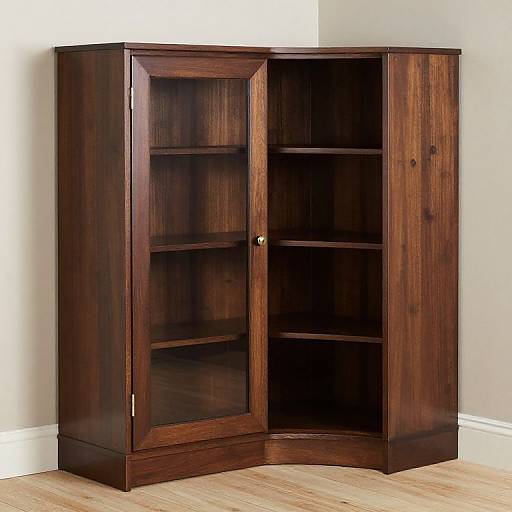 Photograph of a dark wooden, two-door, glass-fronted cabinet with four shelves, standing on light wooden floor against a white wall.