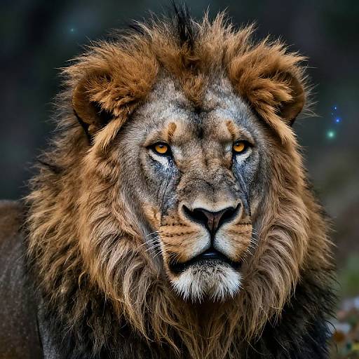 Photograph of a majestic male lion with a thick, golden-brown mane, intense amber eyes, and a focused gaze, set against a dark,