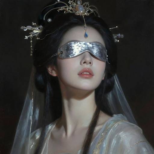 Photorealistic digital artwork of an ethereal Asian woman with pale skin, dark hair, wearing a reflective blindfold, ornate crown, veil,