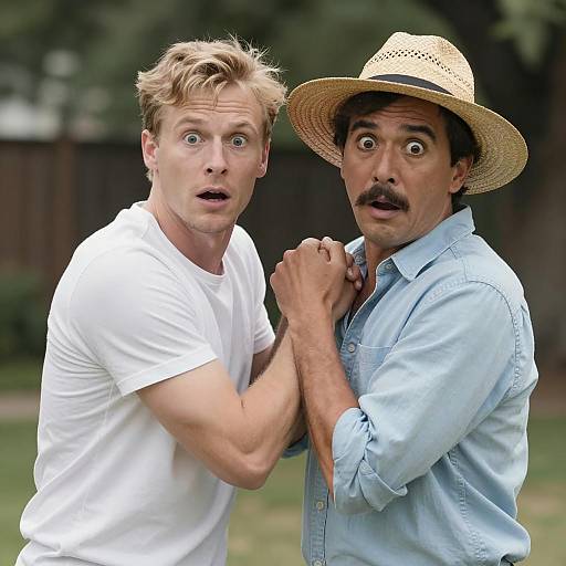 Surprised Men Outdoors in Focus