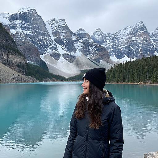 Photograph of a smiling woman with long brown hair, wearing a black beanie and puffer jacket, standing by a turquoise mountain lake with snow-c