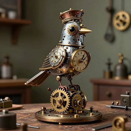 Steampunk owl clockwork sculpture with brass gears and copper accents, standing on a wooden workbench in a dimly lit, vintage workshop. Photograph