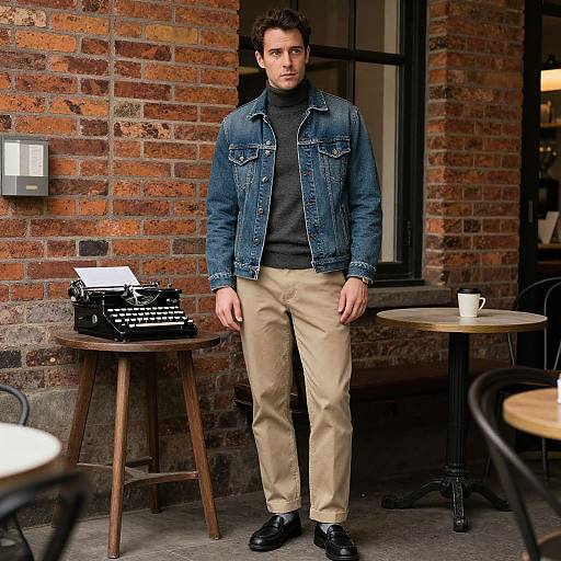 Photograph of a young man with short dark hair, wearing a denim jacket, black turtleneck, beige pants, and black shoes, standing in