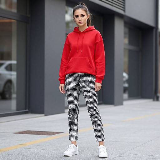 Photograph of a woman with dark hair in a ponytail, wearing a red hoodie, black-and-white checkered pants, and white sneakers, standing
