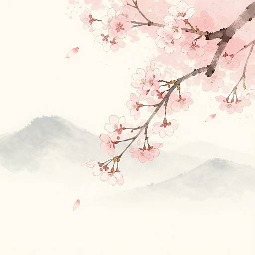 Watercolor painting of cherry blossom branches with pink flowers and delicate brown branches against a white background, featuring subtle gray watercolor splashes.