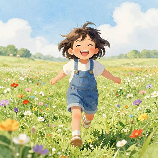 Joyful Child in Sunny Wildflower Meadow