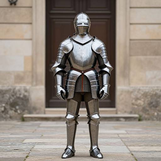 Photograph of a medieval-style knight in full shiny silver armor, standing in front of a dark wooden door on a stone-paved street.