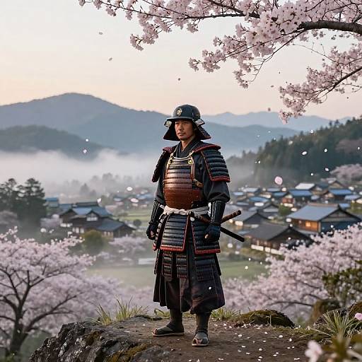 Japanese samurai in traditional armor stands on a rocky cliff, surrounded by blooming cherry blossoms, with misty village and mountains in background. Phot