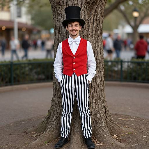 Photograph of a young man with a mustache, black top hat, red vest, white shirt, and black-and-white striped pants, leaning against
