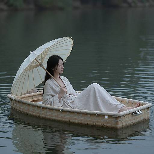 Woman with Parasol on Still Waters
