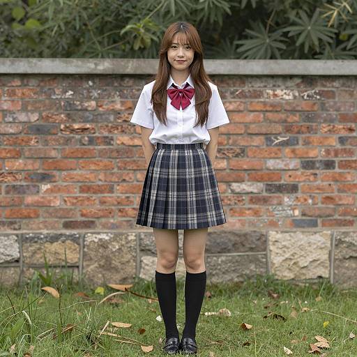 Asian Schoolgirl in Uniform Standing Outdoors