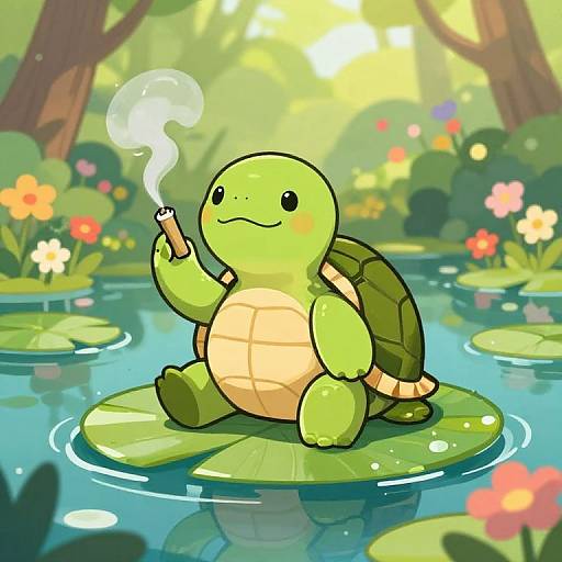 Cartoon green turtle with a cigarette, sitting on a lily pad in a sunny, colorful forest pond, surrounded by flowers and trees. Digital art