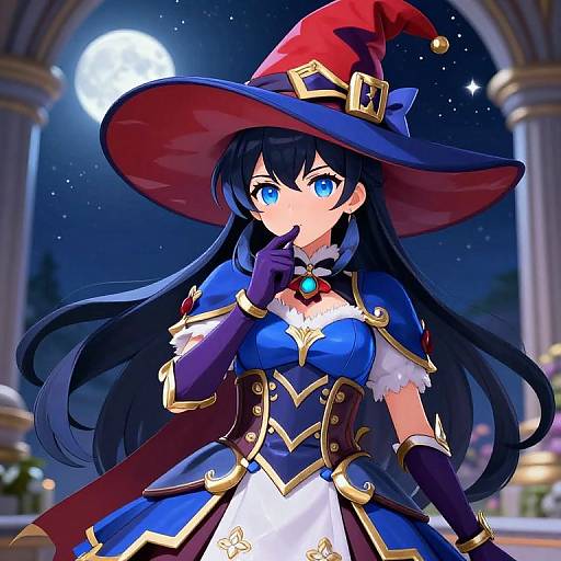 Digital anime-style drawing of a blue-eyed, long-haired witch with black hair, wearing a red hat, blue and gold armor, and black gloves,