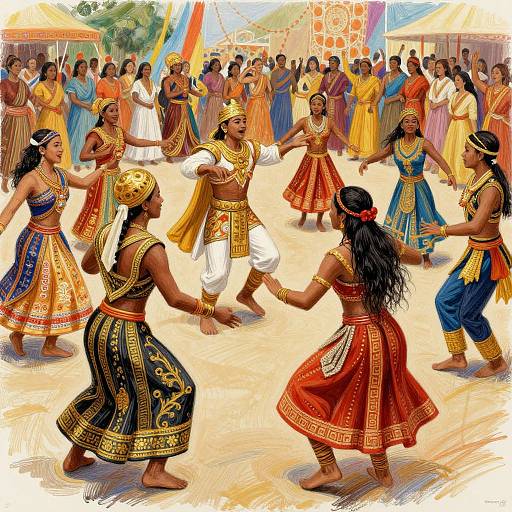 Vibrant painting of an Indian dance performance featuring men and women in colorful, ornate traditional attire, surrounded by a cheering crowd.