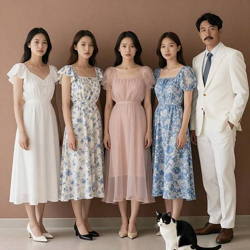 Stylish Group Portrait with Floral Dresses