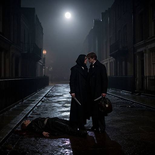 Photograph of a dark, misty street at night, with a man standing over a fallen man, wearing hooded coats, under a bright moon