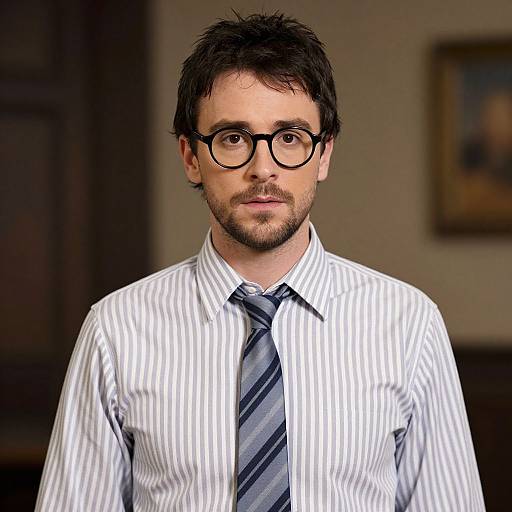 Photograph of a bearded man with dark hair, wearing black-rimmed glasses, a white striped shirt, and blue striped tie, standing in