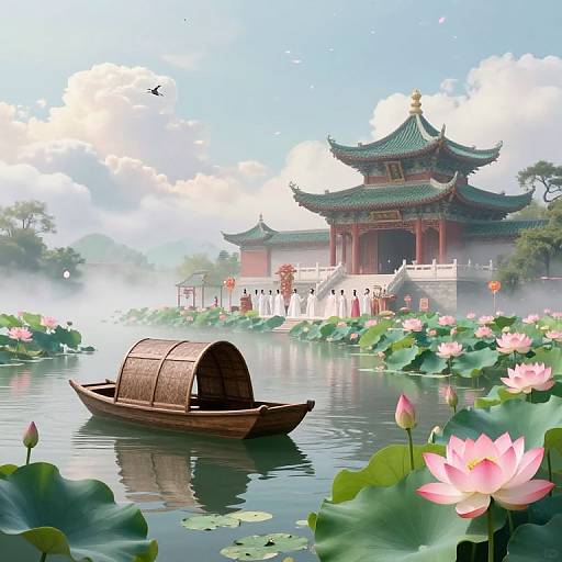Digital painting of a serene Chinese lake with pink lotus flowers, a wooden boat, and traditional pagoda under a blue sky.