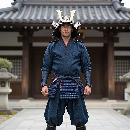 Photograph of a Japanese samurai standing in front of a traditional wooden building, wearing dark blue kimono, armor, and a horned helmet.