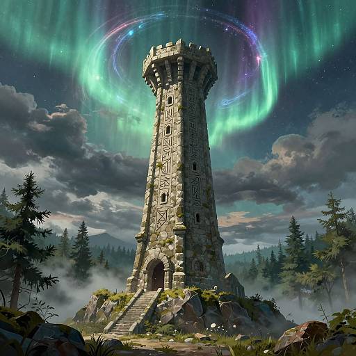 Digital fantasy artwork of a stone tower with intricate carvings, surrounded by a vibrant aurora, misty forest, and pine trees.