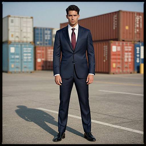 Photograph of a handsome man in a black suit with a white shirt and maroon tie, standing in front of stacked shipping containers on a sunny day