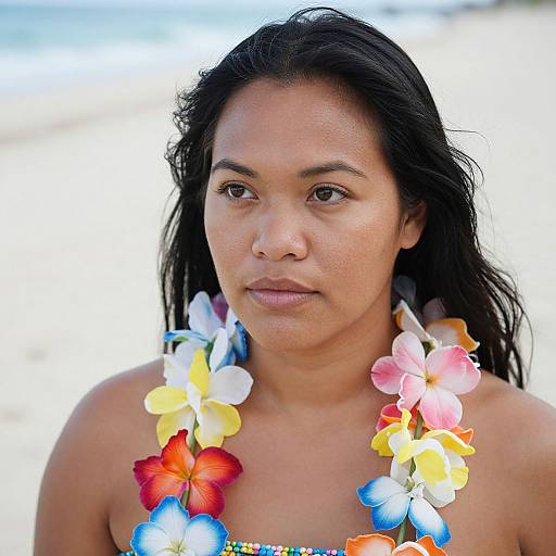 Photograph of a young Asian woman with long black hair, wearing a colorful floral lei, standing on a bright, sunny beach.