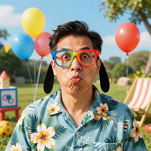 Photograph of a man with medium skin tone, black hair, wearing colorful glasses, floral shirt, pouting expression, and black dog ears, amidst