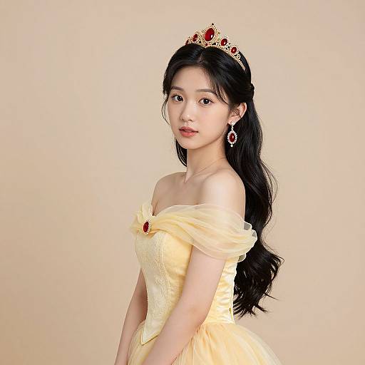 Photograph of an Asian woman with long black hair, wearing a yellow off-shoulder ballgown, red gemmed tiara, and matching