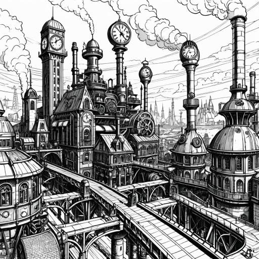 Steampunk Cityscape with Clock Towers and Bridges