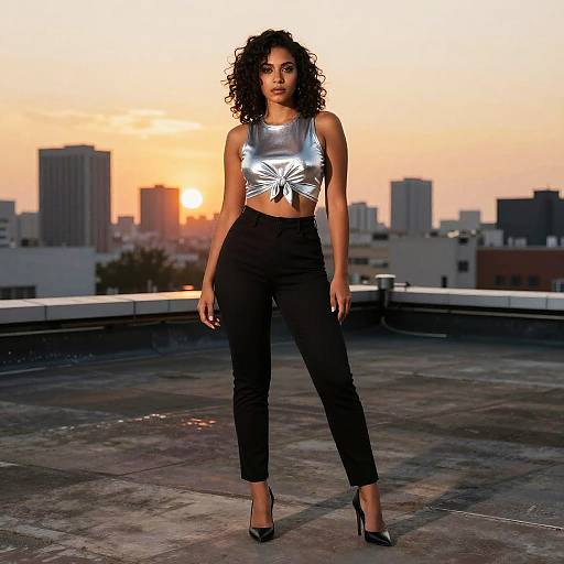 Photograph of a curly-haired woman in a silver crop top and black pants standing confidently on a rooftop at sunset, city skyline in the background.