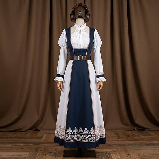 Photograph of a mannequin in a medieval-style white and navy dress with lace trim, brown belt, and wooden floor, against brown draped fabric