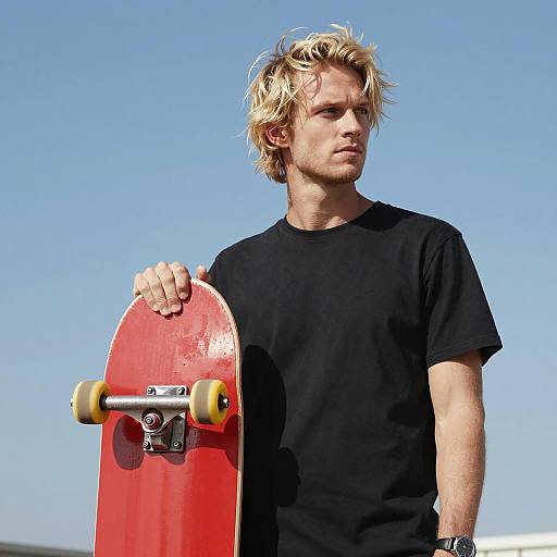 Blond Man Holding Red Skateboard