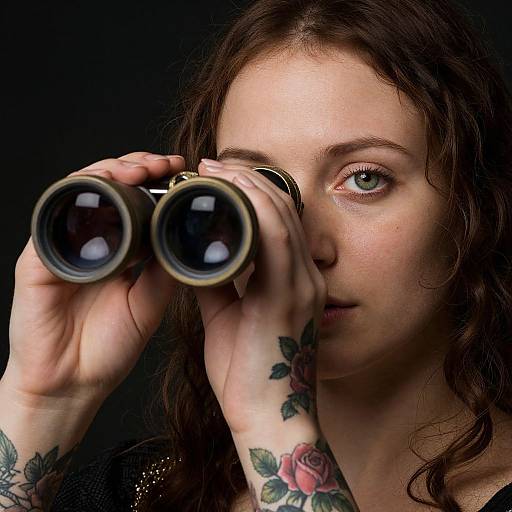 Close-up photograph of a Caucasian woman with wavy brown hair, green eyes, and tattoos, holding binoculars against a black background.