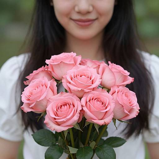 Photograph of an East Asian woman with long black hair, smiling, holding a bouquet of pink roses in front of her white shirt, with a blurred