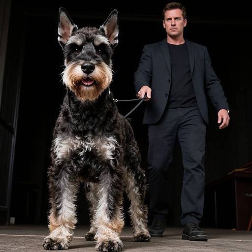 Photograph of a black and tan, shaggy-coated dog with alert ears, standing on a stage, led by a serious-looking man in