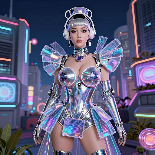 Digital CGI image of a futuristic Asian woman in a neon-lit city, wearing a metallic, mirrored bodysuit with circular breast plates and high-tech