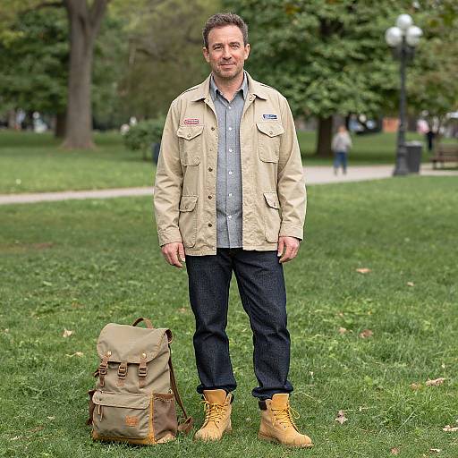 Photograph of a bearded man in a beige jacket, gray shirt, black pants, and yellow boots standing on grass with a tan backpack beside him