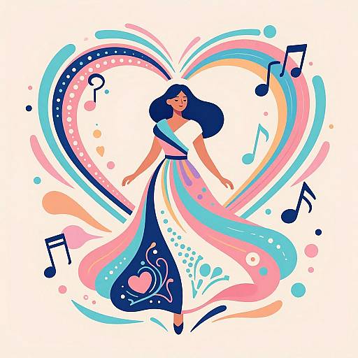 Digital illustration of a dancing woman with flowing blue and pink hair in a white and blue dress, surrounded by a heart-shaped musical pattern with notes and spl