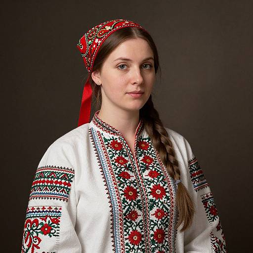 Photograph of a young woman with fair skin, brown hair in a braid, wearing a white embroidered traditional dress with red and black patterns, and